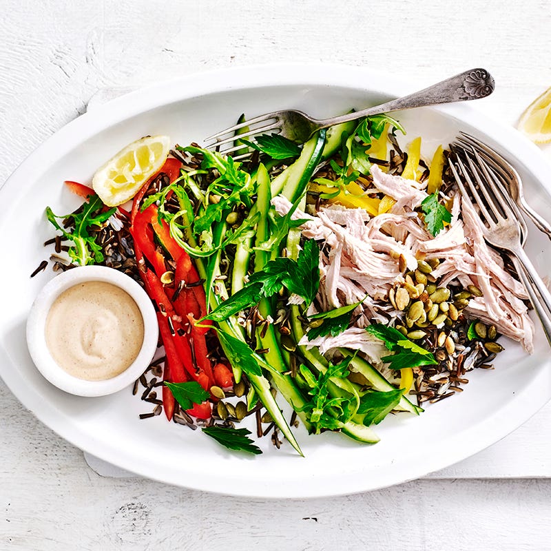Photo of Poached chicken and wild rice salad with tahini dressing by WW