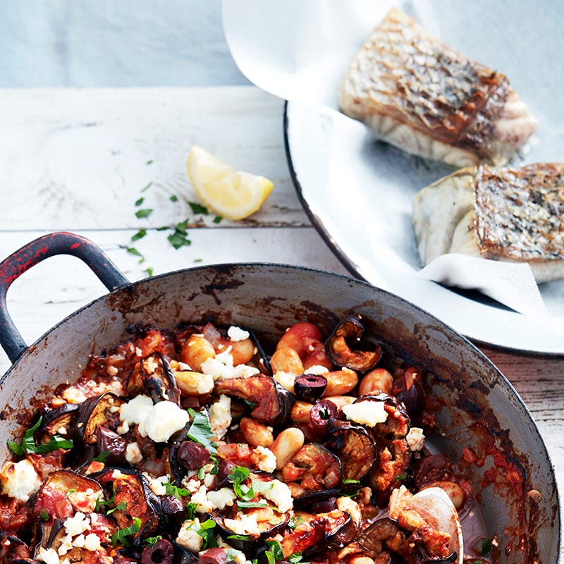 Eggplant casserole with grilled fish