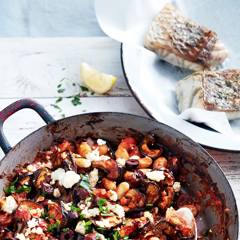 Eggplant casserole with grilled fish