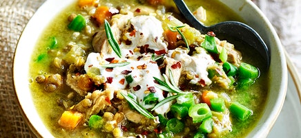 Chicken and lentil soup with spiced yoghurt