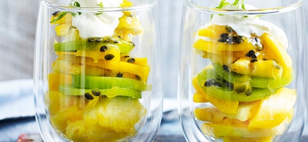 Tropical fruit with passionfruit sauce