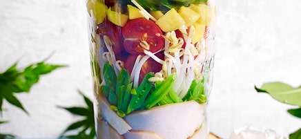 Smoked chicken, mango and sugar snap peas salad jar