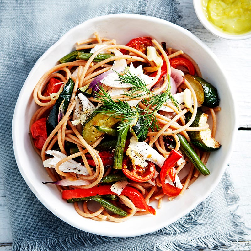 Photo of Pasta with chicken, roasted vegetables and avocado dressing by WW