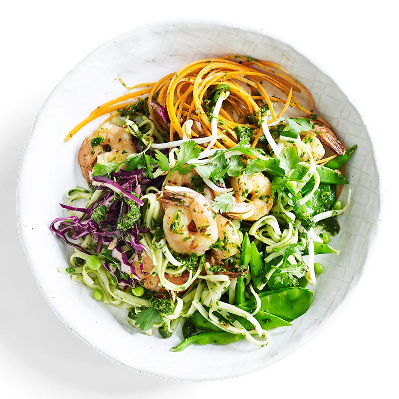 Photo of Warm noodle salad with coriander pesto and prawns by WW