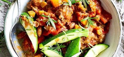 Braised lamb with borlotti beans, rosemary, leek and roasted capsicum