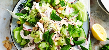 Chicken and iceberg lettuce salad with avocado dressing