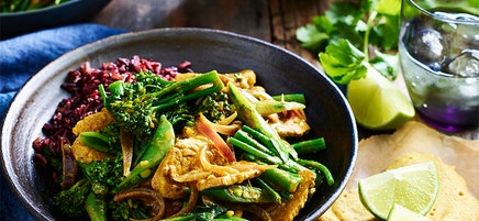 Indonesian pork curry with black rice and dosas