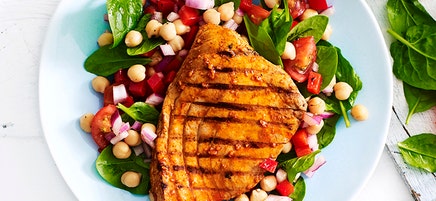 Spanish-style tuna steaks with chickpea salad