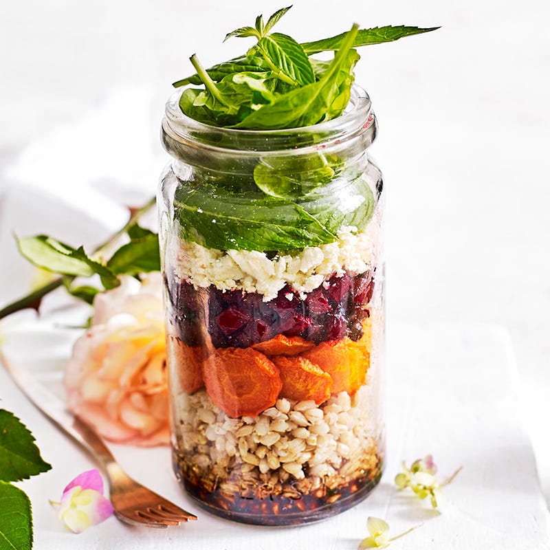 Photo of Barley, roasted vegetables, feta and mint salad jar by WW