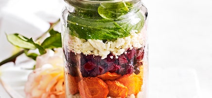 Barley, roasted vegetables, feta and mint salad jar