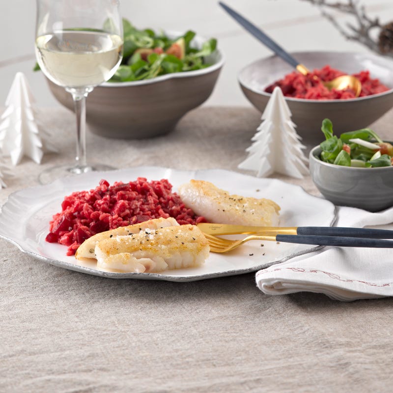 Steinbuttfilet mit Rote-Bete-Risotto und Feldsalat