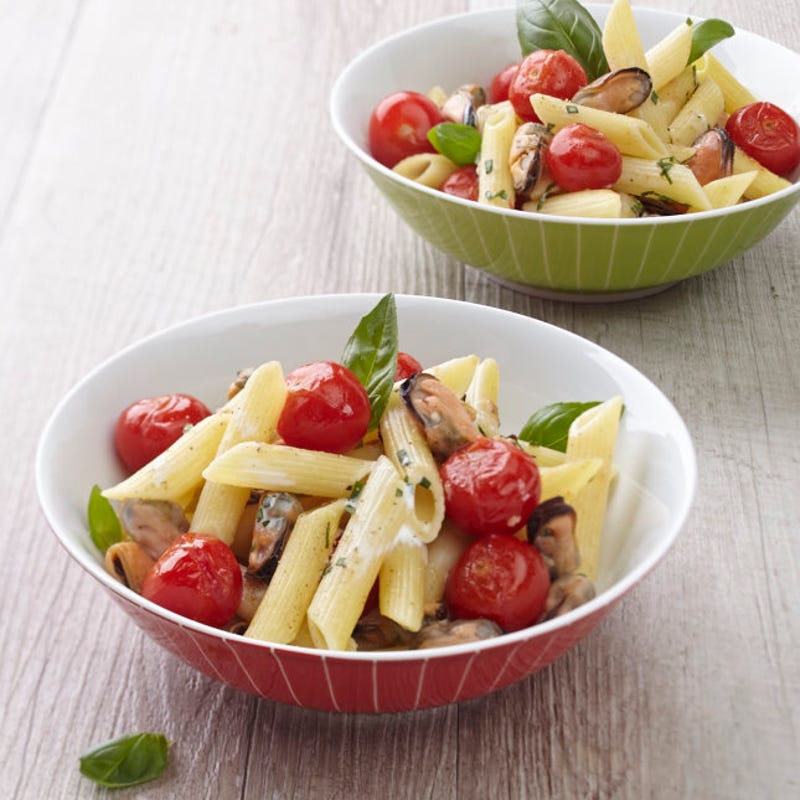 Poêlée de penne aux moules et aux tomates cerises