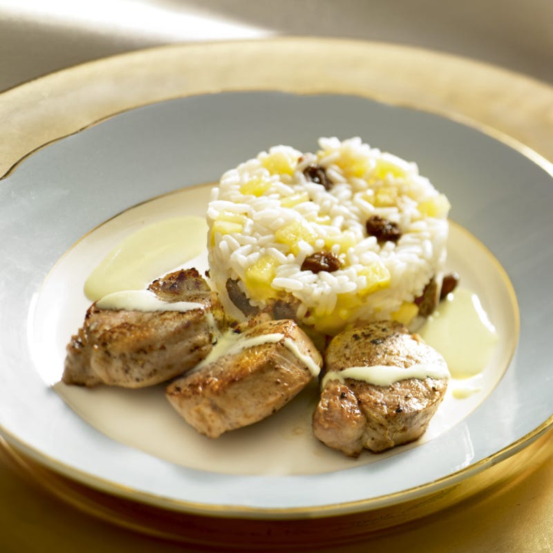 Médaillon de porc, riz Madras et crème coco