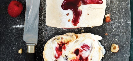 Hazelnut & raspberry meringue roulade