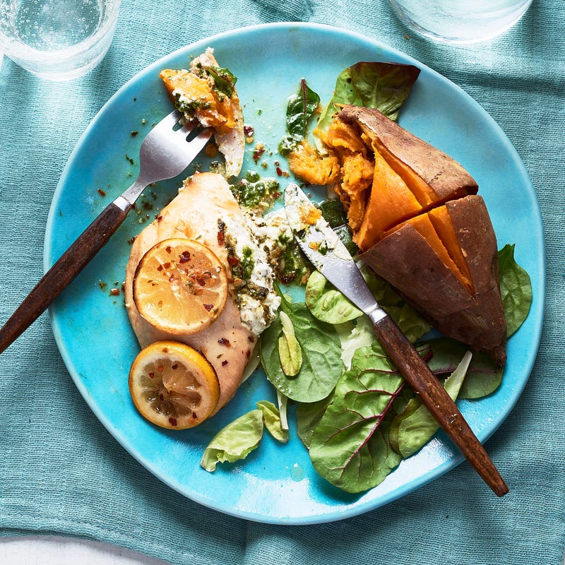 Photo of Goat’s cheese & pesto stuffed chicken by WW