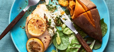Goat’s cheese & pesto stuffed chicken