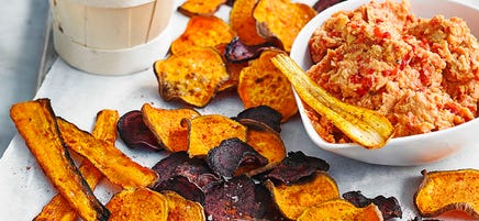 Root veg crisps with houmous
