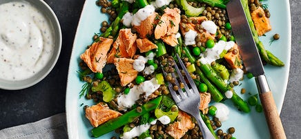 Salmon, asparagus & lentil salad