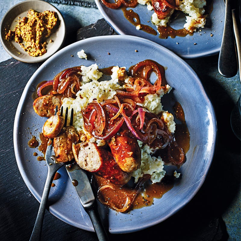 Photo of Sausages with cauliflower mash and red onions by WW