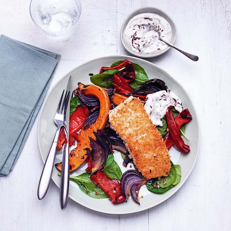 Photo of Quinoa-crusted salmon with roasted veg by WW