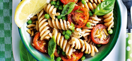 Pasta salad with peas & garlicky tomatoes