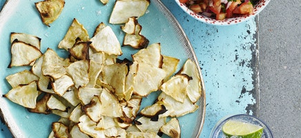 Celeriac crisps with tomato salsa
