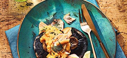 Scrambled eggs with mushrooms & smoked trout