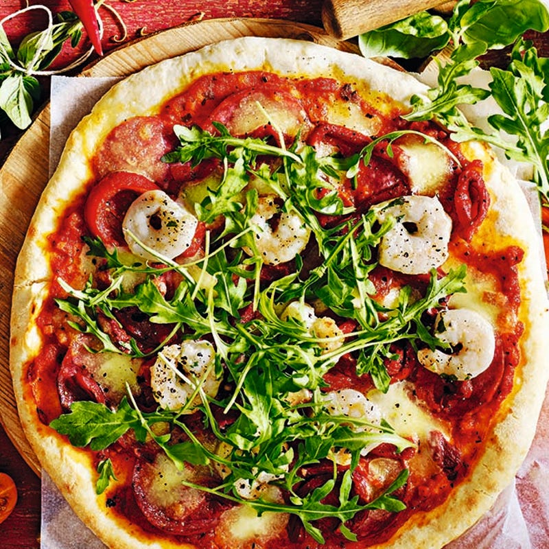 Photo of Quick salami, roasted pepper and prawn cheat's pizza by WW