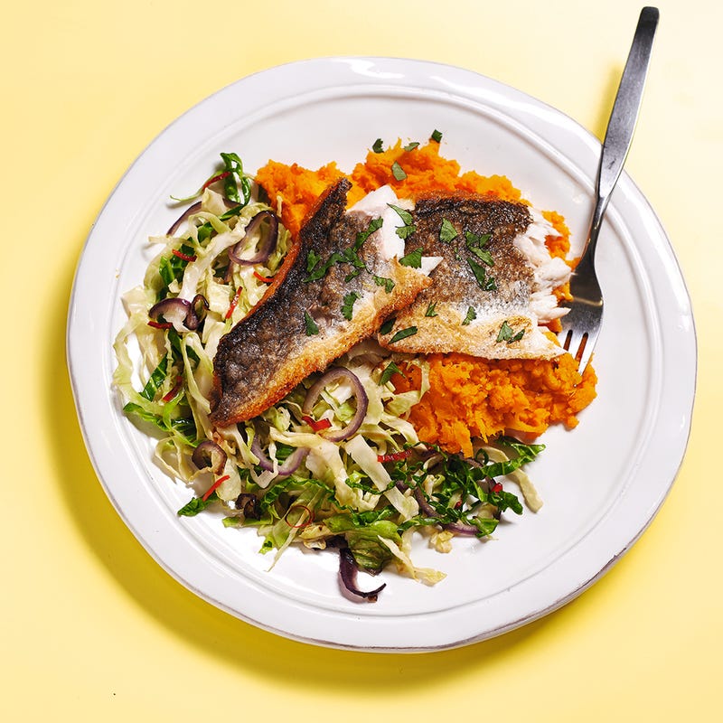 Photo of Crispy seabass with smoky sweet potato mash and chilli and garlic cabbage by WW