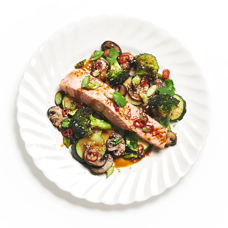 Photo of Teriyaki baked salmon with broccoli, courgette and mushrooms by WW