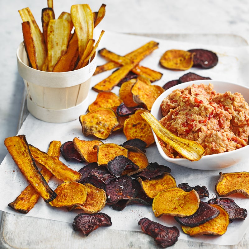 Root vegetable crisps with houmous