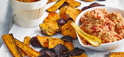 Root vegetable crisps with houmous