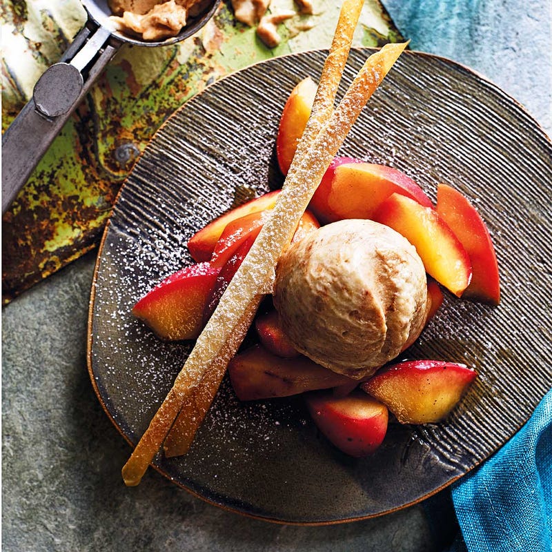 Photo of Cinnamon ice 'cream' served with warm apples & filo cigarillos by WW