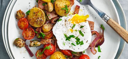 Breakfast hash with poached egg