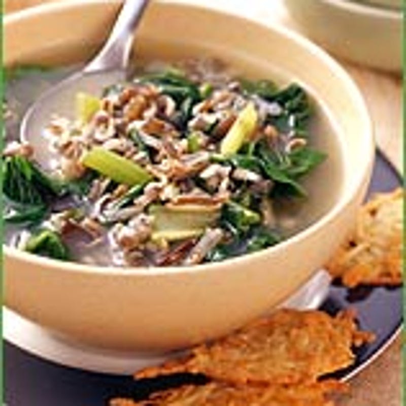 Photo of Wilted Greens and Wild Rice Soup with Romano Crisps by WW