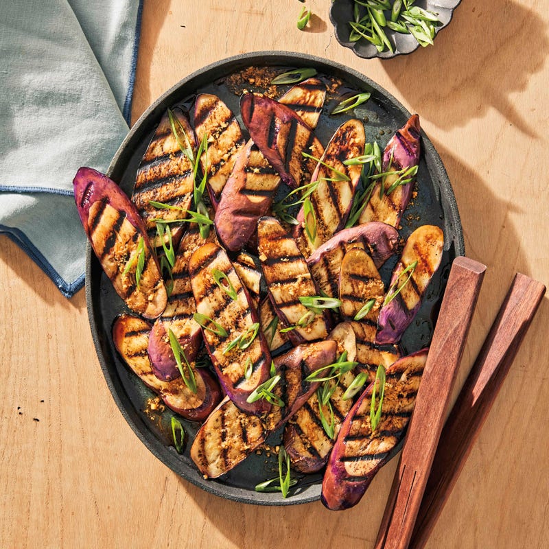 Grilled Japanese eggplant with scallions and ginger