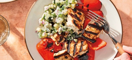 Grilled Rosemary Chicken & Red Peppers with Cucumber Relish