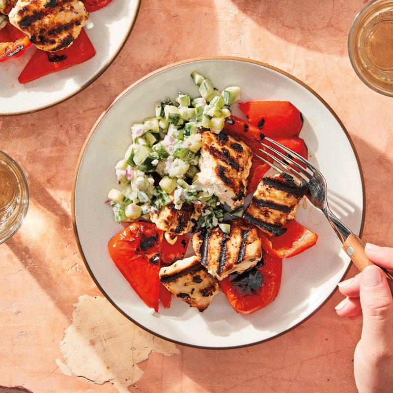Grilled rosemary chicken and red peppers with cucumber relish