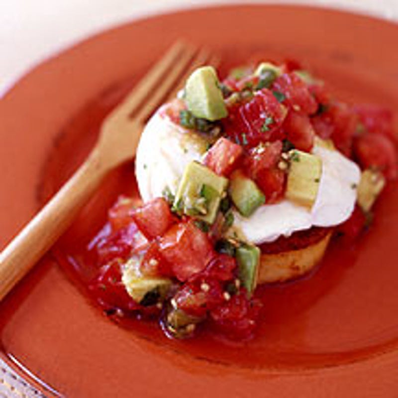 Photo of Mexican poached eggs over polenta with tomatillo-avocado salsa by WW