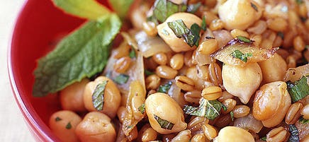 Roasted onion, chickpea, and wheat berry salad