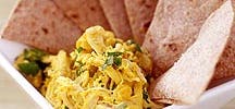 Curried chicken salad with baked whole-wheat tortilla chips