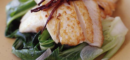 Fillet of sole with crispy ginger and baby bok choy