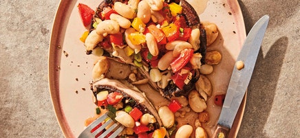 Grilled portobellos with garlicky herbed bean salad