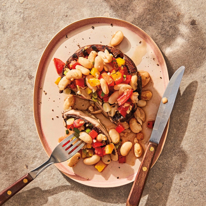 Grilled portobellos with garlicky herbed bean salad