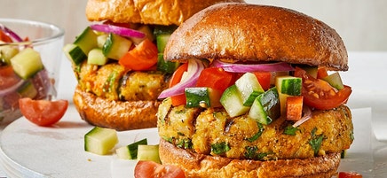 Chickpea & brown rice veggie burgers with tomato salad