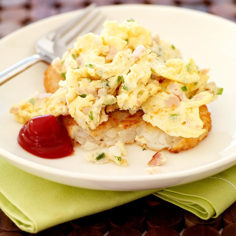 Photo of Bacon, egg, and hash brown stacks by WW