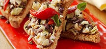 Tapas-style roasted red pepper and olive toasts