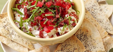 BLT dip with poppy seed tortilla chips