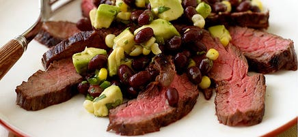 Grilled flank steak with corn, black bean & avocado salad