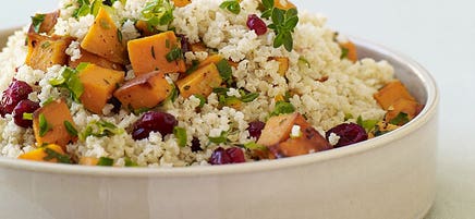 Millet pilaf with cranberries, sweet potatoes, and thyme